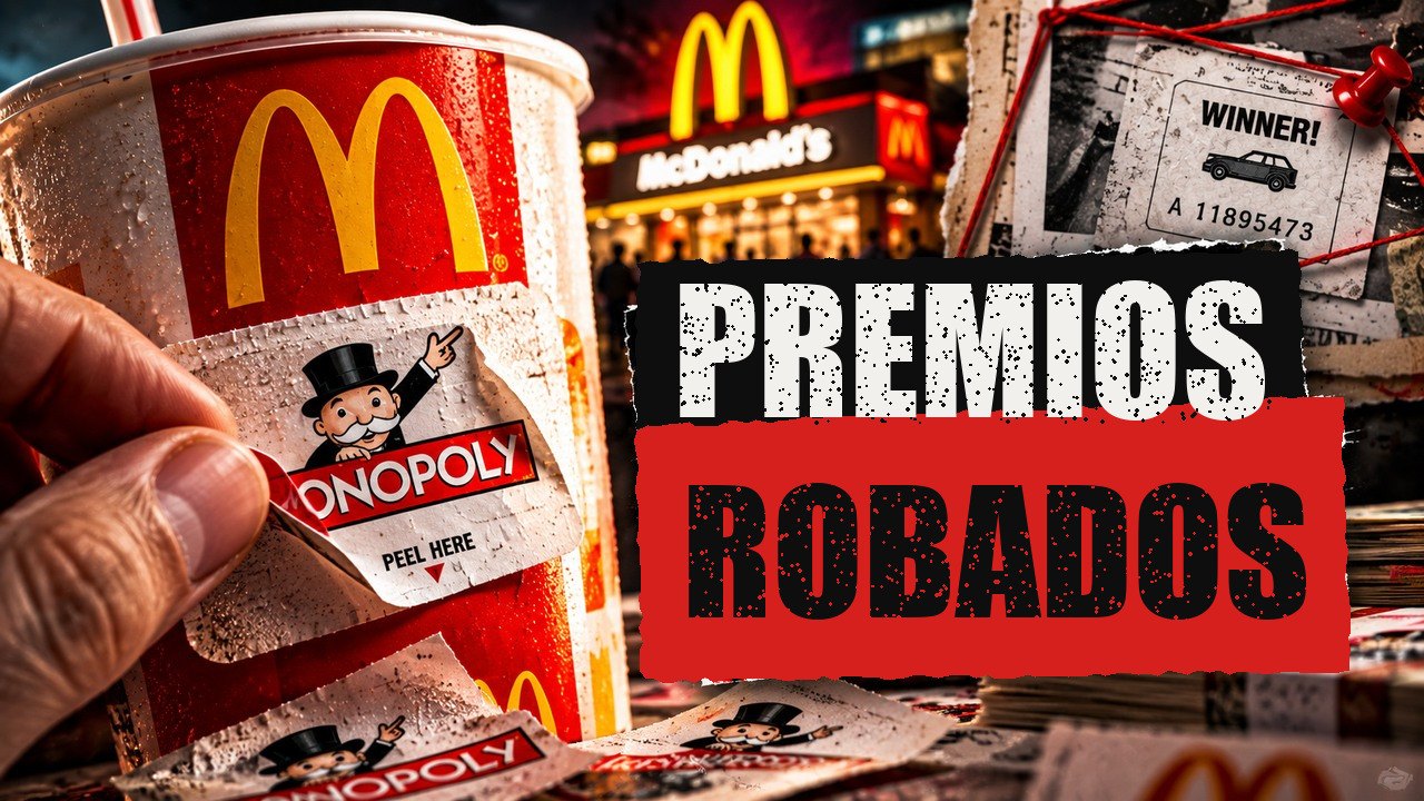 Una mano despega una pegatina del Monopoly de un vaso de McDonald's bajo el titular «Premios robados».