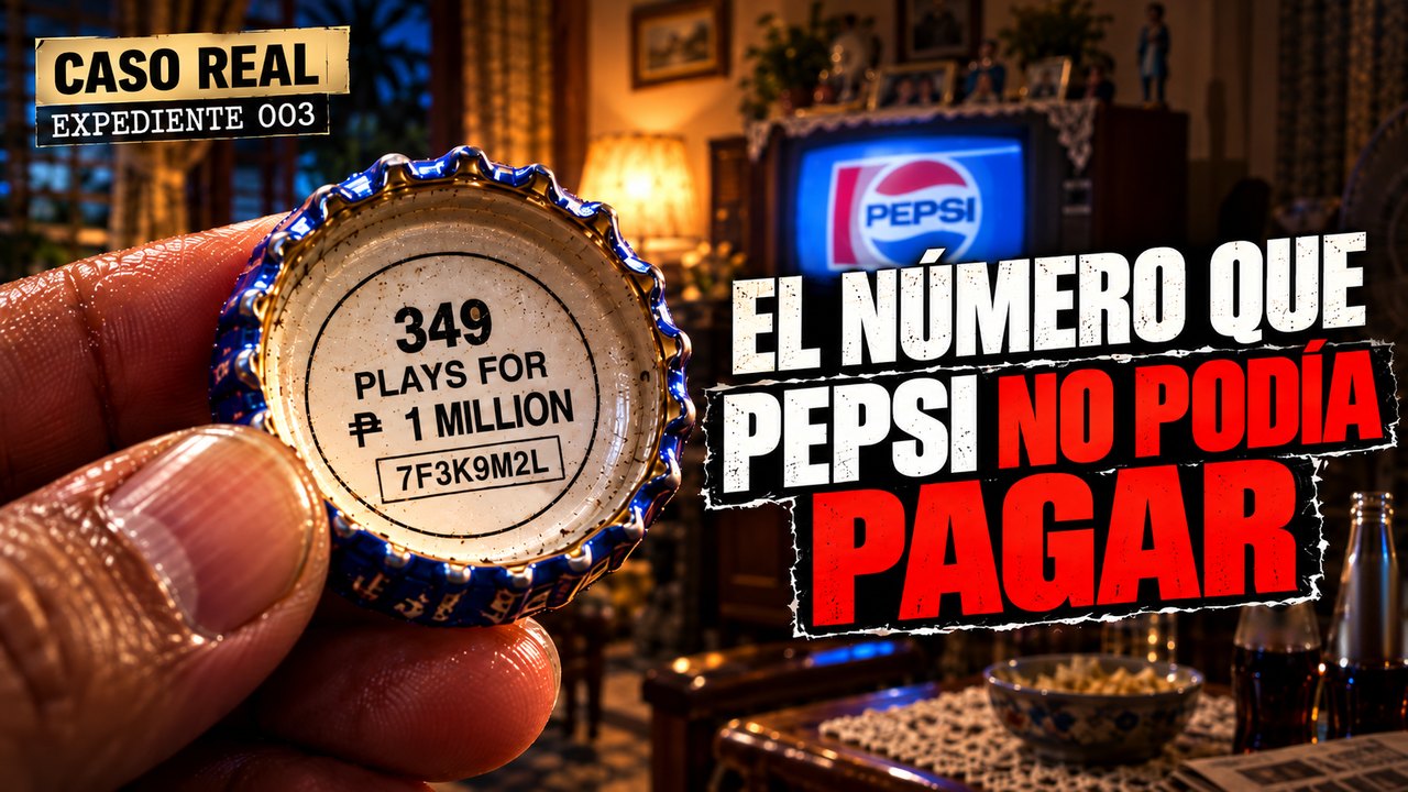 Una mano sostiene una chapa con el número 349 y el texto «Plays for ₱1 million»; junto a ella, el titular «El número que Pepsi no podía pagar».