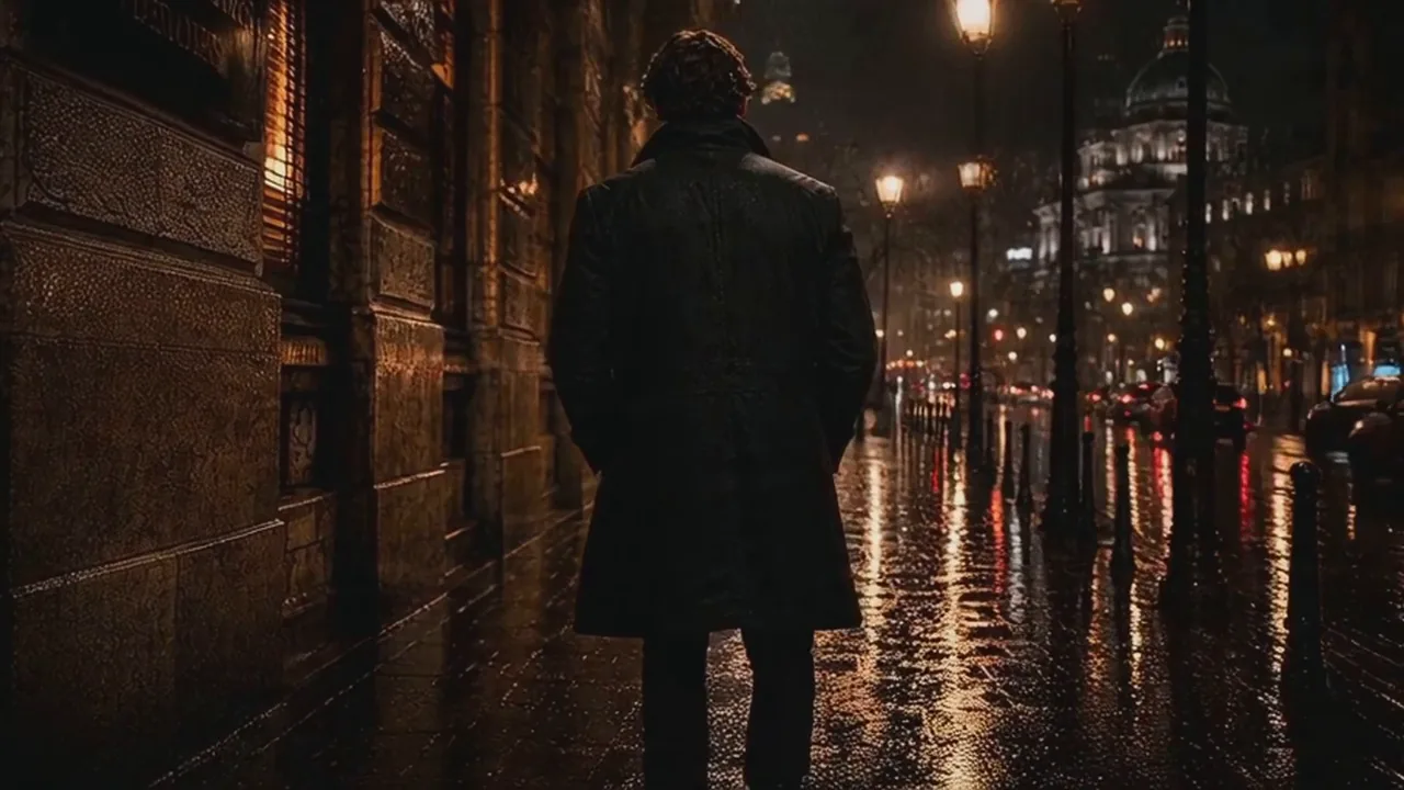 Félix, de espaldas, camina de noche por una calle mojada.